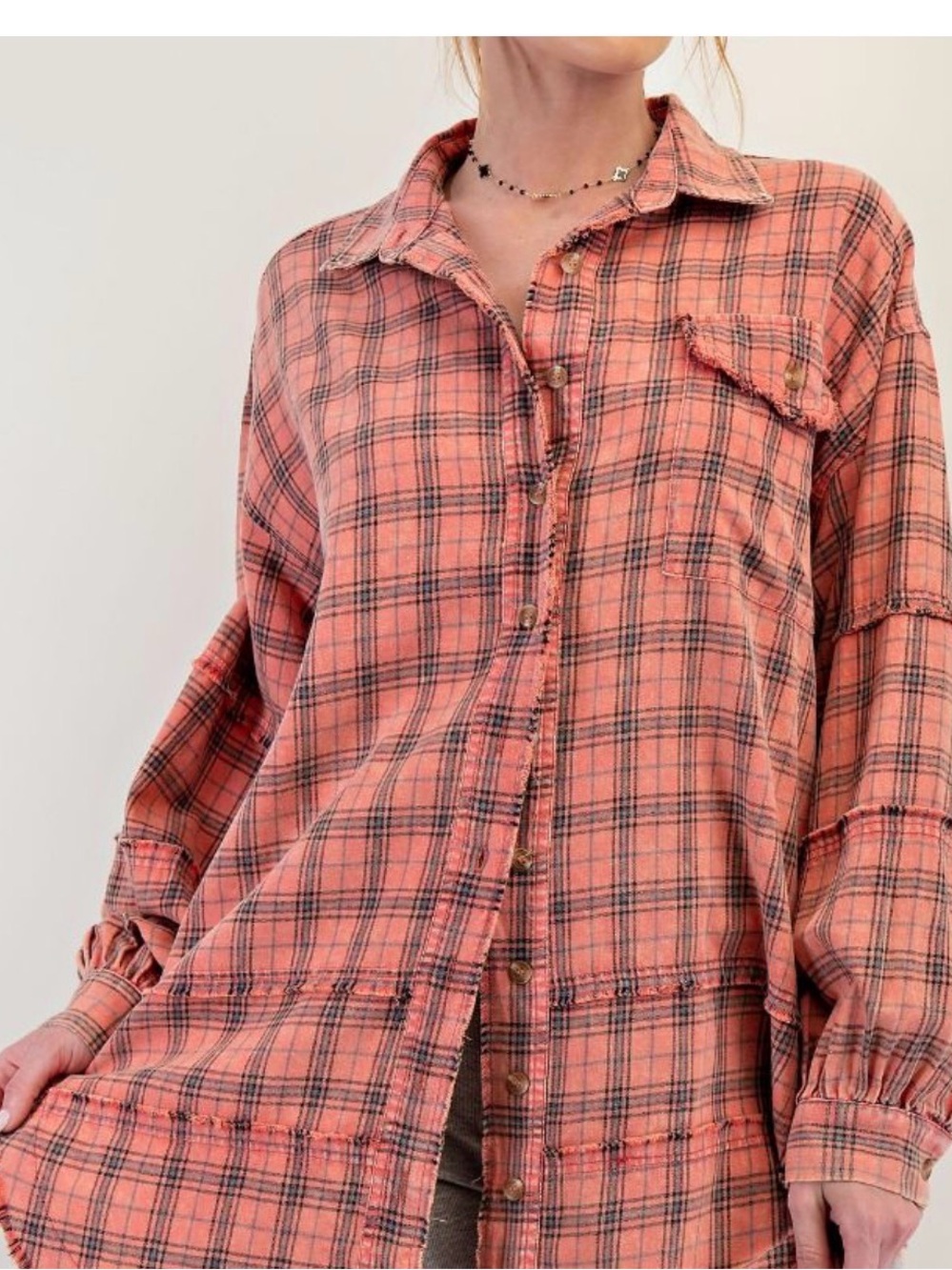 Easel Coral Cream Flannel Mineral Washed Plaid Button Down Shirt